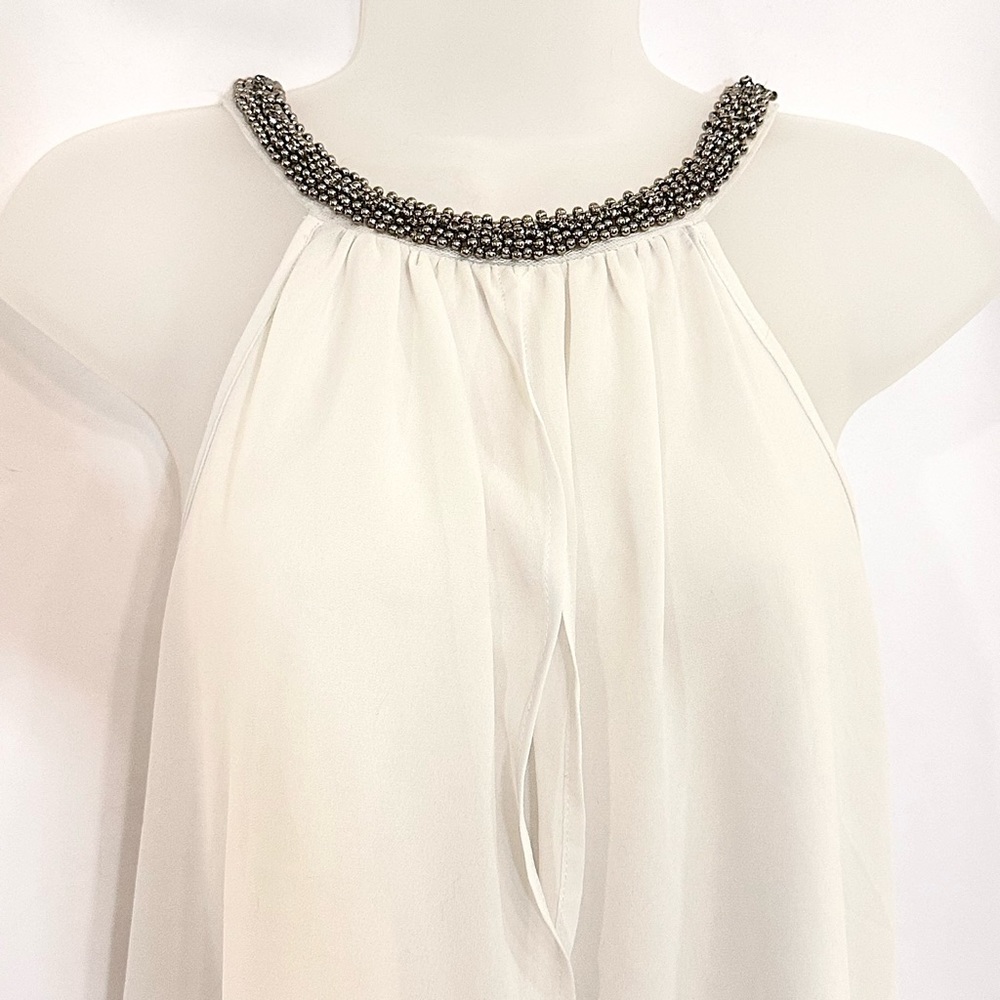 White Dressy Tank With Silver Beaded Neckline - Picture 2 of 6